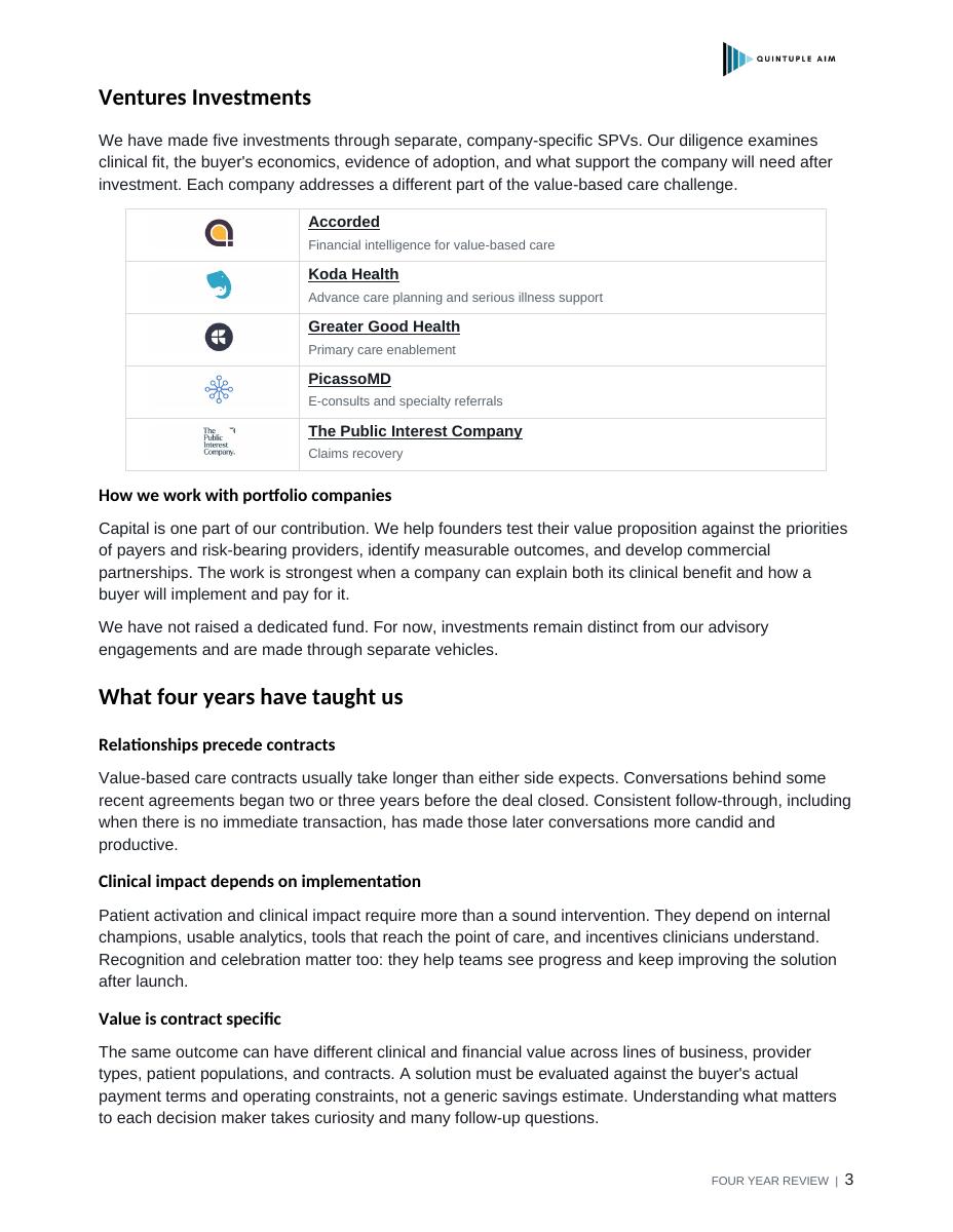 Report page featuring Ventures investments and lessons from the first four years.