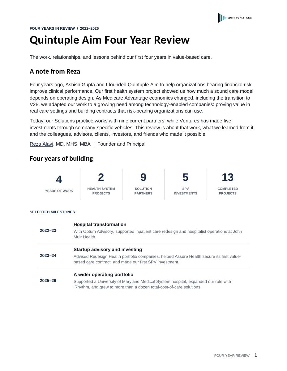 The opening page of the Quintuple Aim Four Year Review, with a note from Reza and selected milestones.